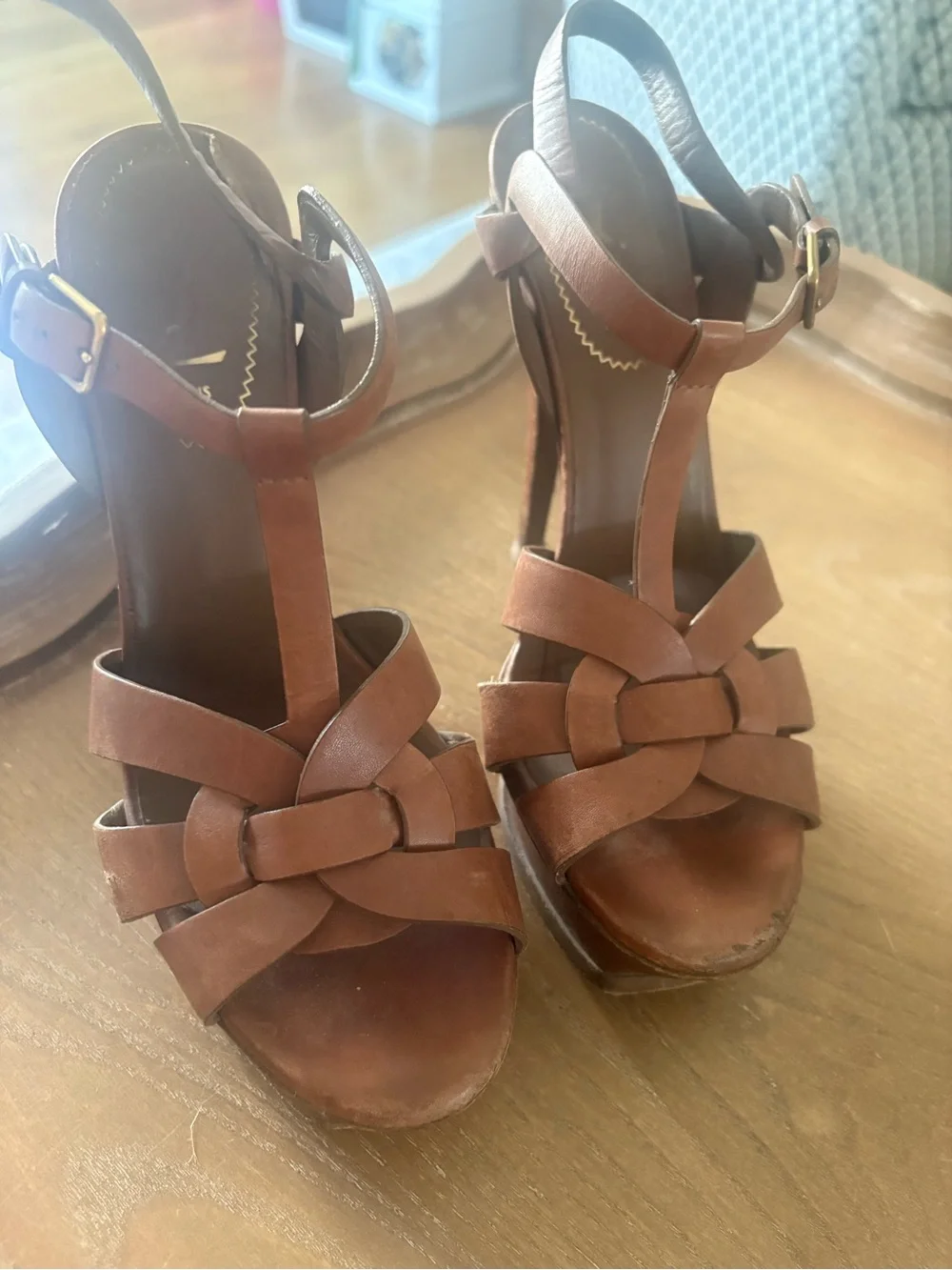 Women's Brown Leather T-Strap Woven Platform Sandals